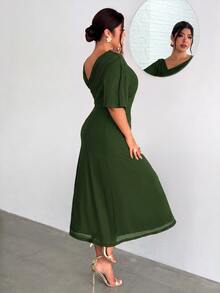 Firerie Plus Size Asymmetrical Neckline Pleated Dress - Olive Green - View 2