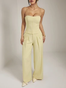 SHEIN PETITE Setelan Rompi dan Celana Panjang Kuning yang Stylish untuk Wanita Bertubuh Mungil - Ideal untuk Bisnis dan Perjalanan Sehari-hari. - Kuning - View 5