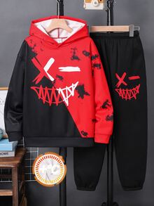 SHEIN 兒童青少年男孩休閒聖誕紅色連帽衛衣與黑色運動長褲套裝，適合秋冬、學校、家庭聚會、度假、派對，男孩套裝 - 彩色 - 查看 2