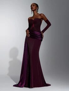 Elitara Women's Elegant Romantic Satin Patchwork Pleated Dress For Birthday Party, Wedding - Dark Purple - View 6