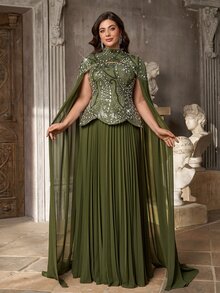 Aureia Plus Size Elegant Luxurious Olive Green Sequin Embroidered Patchwork Chiffon Two Pieces Style Pleated A-Line Evening Gown, Suitable For Dinner Party, Date, Ball, Vacation, Wedding, Event, Heavy Work Evening Dress, Guest Dress - Green - View 4