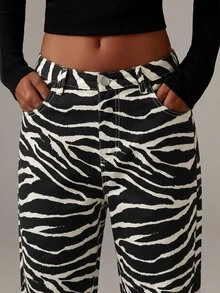 Athîral Denim Celana Jeans Wanita Motif Zebra Potongan Lurus - Hitam - View 5