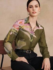 Anewsta Essential Spring/Summer New Elegant Fashion Floral Print Chiffon Long Sleeve Blouse For Women, Suitable For Outing, Party, Holiday, Vacation And Professional Occasions - Army Green - View 1