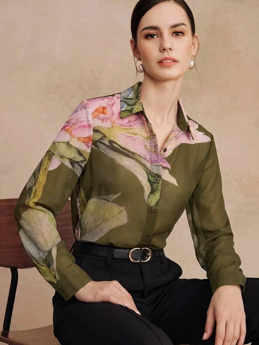 Anewsta Essential Spring/Summer New Elegant Fashion Floral Print Chiffon Long Sleeve Blouse For Women, Suitable For Outing, Party, Holiday, Vacation And Professional Occasions - Army Green - View 1
