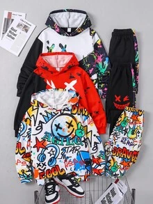 SHEIN 2件組兒童青少年男孩秋季新款休閒極簡寬鬆舒適 King字母紮染漸層街頭運動風長袖連帽衛衣套裝，適合秋冬 - 白色 - 查看 3