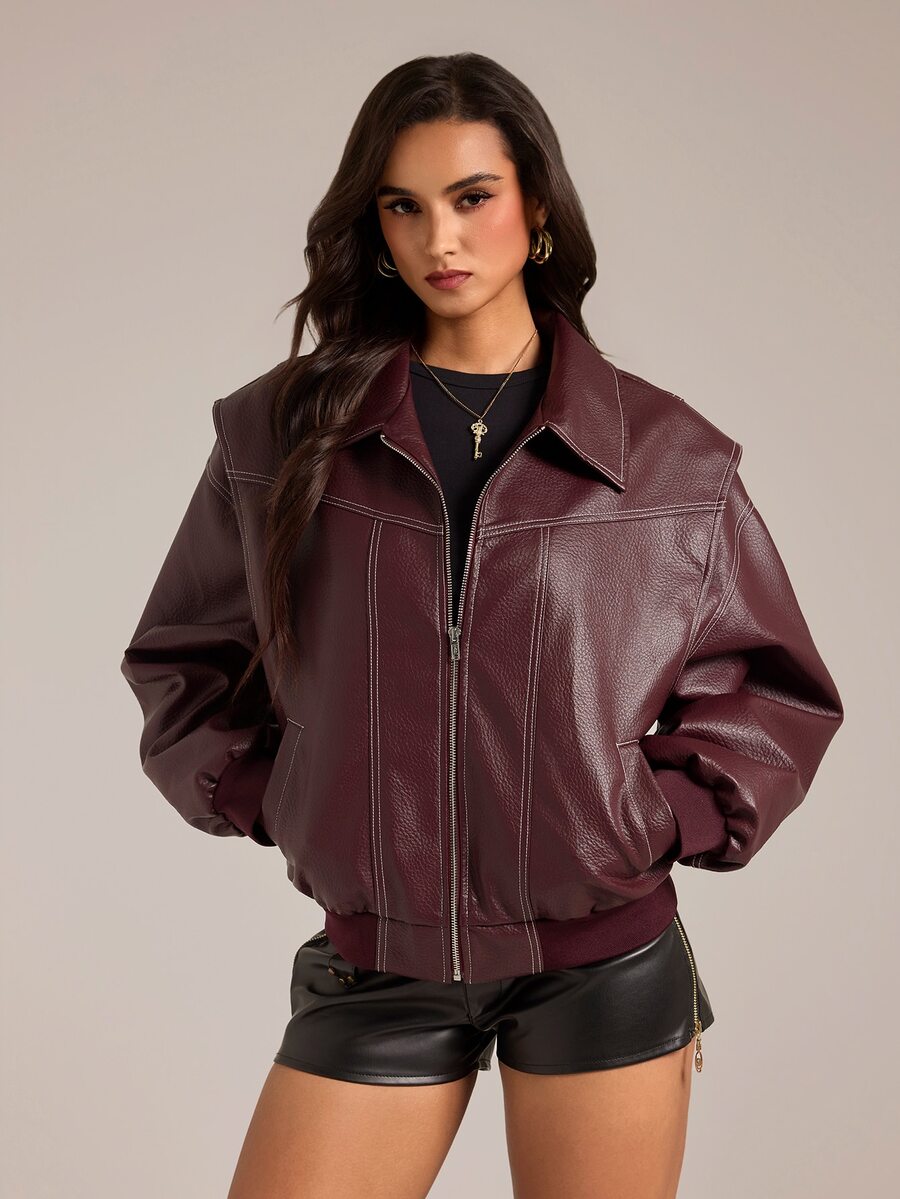 SHEIN Tall Women's Solid Color PU Leather Long Sleeve Zip-Up Jacket - Burgundy - View 1
