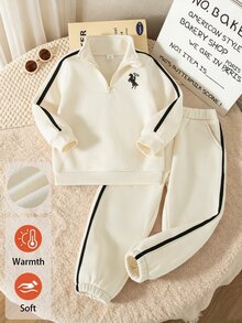 2件組男童秋冬抓絨內裡加厚休閒極簡小馬刺繡半拉鍊立領運動衫與運動長褲套裝，時尚且適合日常穿著、上學、外出等多種場合 - 彩色 - 查看 1