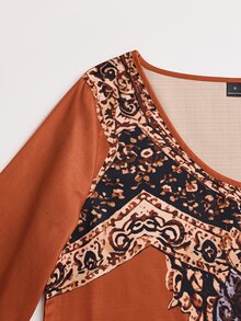 SHEIN LUNE Women's Floral Print V-Neck Loose Fit Blouse With Ruffle Cuffs - Burnt Orange - View 5