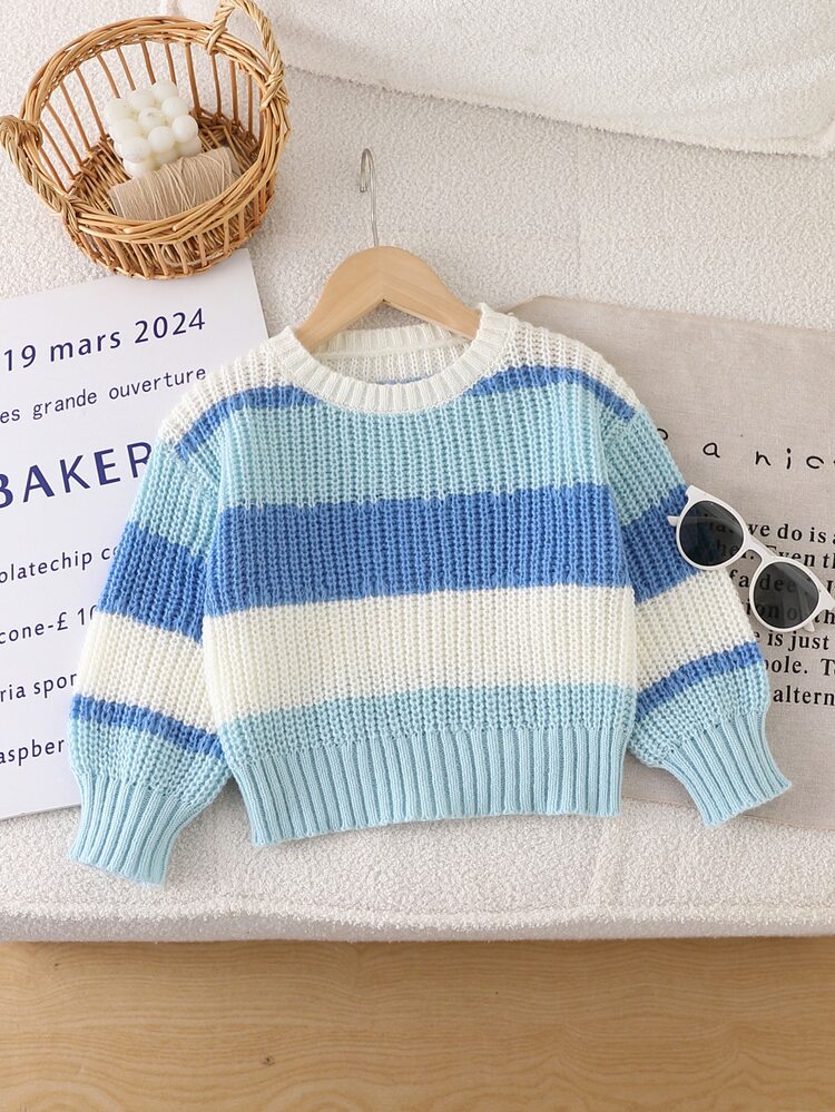 SHEIN 1pc Girls Toddler Pullover Sweater, Round Neck, Simple Classic Colorblock Striped, Short Length, Versatile Fresh Casual Cute Style, Regular Thickness, Neat Hem, Tight Cuffs, Delicate Soft Skin-Friendly Texture, Smooth Touch, Suitable For Daily Wear, School, Outings, Travel, Autumn/Winter - Multicolor - View 1