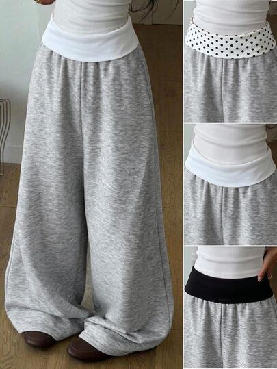 SHEIN Tween Girl Tween Girl Tween Girl Colorblock Pleated Casual Versatile Daily Wear Wide Leg Sweatpants