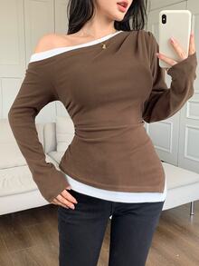 Feyla Women's Asymmetric Shoulder Colorblock Casual Versatile Daily Wear T-Shirt - Brown - View 1