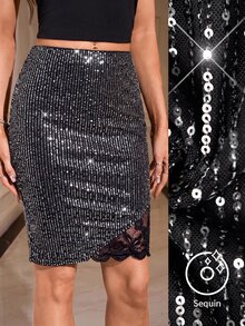 SHEIN Clasi Women's New Fashion High-End Elegant Lace Patchwork Knee-Length Skirt, Suitable For Daily Wear, Versatile Commute, Outing And Multiple Occasions - Multicolor - View 9