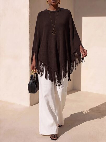 Zivah New Autumn/Winter Casual Commute Elegant Loose Brown Cape Shawl With Tassels Women's Sweater, Suitable For Daily Wear, Outings, Vacations, Travel, Beach, Parties, Holidays, Airport Outfits, Brunch Outfits, Bohemian Style, Shopping, Women's Work Outfits, Graduation Outfits, Country Music Concert Outfits, Back To School Outfits