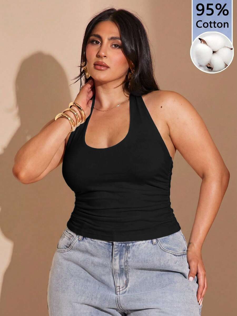 SHEIN BAE 大尺碼女款純色修身休閒百搭掛脖背心上衣 - 黑色 - 查看 1