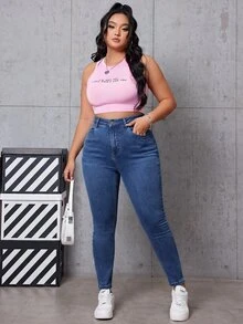 SHEIN EZwear 大尺碼女款休閒百搭日常牛仔褲，附口袋與鈕扣設計 - 霧霾藍 - 查看 6