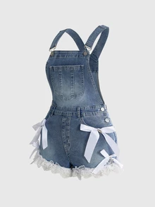 Sweetness Kawaii Sweet Bow Lace Hem Casual Women's Denim Overalls And Jumpsuit - Medium Wash - View 3