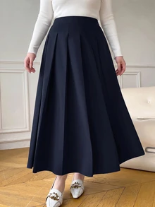 SHEIN PETITE CURVE Plus Size Women's Solid Color Preppy Pleated Casual Skirt - Navy Blue - View 5