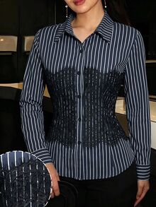 Modelyn Designer Striped Lace Patchwork Shirt Collar Long Sleeve Slim Fit Youthful Women's Fashion Versatile Elegant Blouse - Royal Blue - View 3