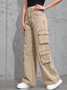 SHEIN 青少年女孩休閒百搭日常穿著工裝牛仔褲，附口袋與鈕扣設計 - 杏色 - 查看 3