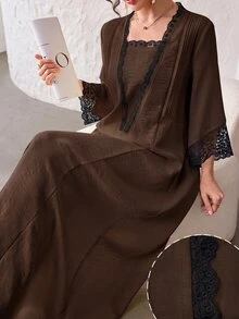 Yasmyna 溫柔風蕾絲拼接百褶長袖寬鬆顯瘦喇叭袖優雅青春女款約會洋裝 - 棕色 - 查看 8