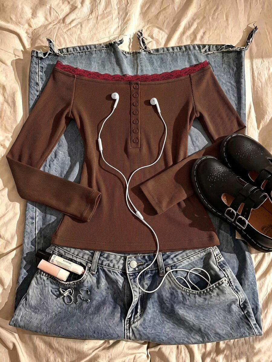 IslaSuriya Women's Lace Patchwork Slim Fit Versatile Daily Casual Long Sleeve Top - Brown - View 1