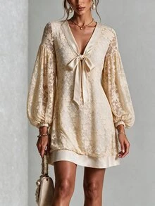 Omancia Women's V-Neck Bow Lace Dress, Lantern Sleeve Satin Patchwork Hollow Out Dress Wedding Date High Tea Autumn Romantic Elegant - Beige - View 3