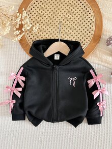 SHEIN 女嬰針織純色連帽對比色拼接3D蝴蝶結休閒上衣 - 黑色 - 查看 1
