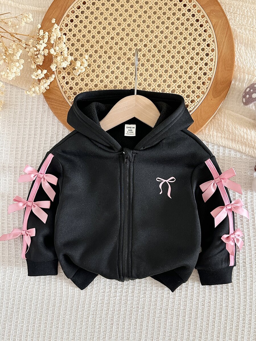SHEIN 女嬰針織純色連帽對比色拼接3D蝴蝶結休閒上衣 - 黑色 - 查看 1