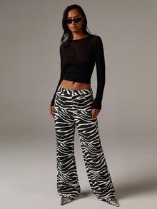 Athîral Denim Celana Jeans Wanita Motif Zebra Potongan Lurus - Hitam - View 4