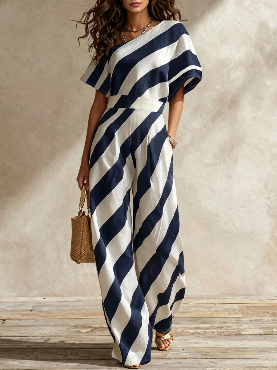 Glimmora Women's Striped Asymmetrical Shoulder Batwing Sleeve Top And Wide Leg Pants Casual 2 Pieces Set - Multicolor - View 1