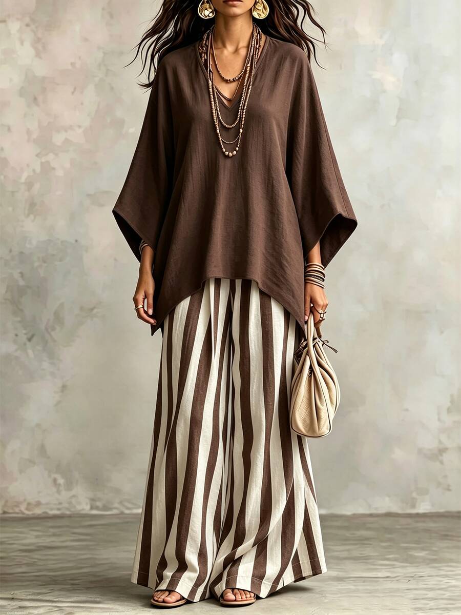 Selamara Women's Solid Color Batwing Sleeve Top & Striped Long Pants 2 Pieces Set - Multicolor - View 1
