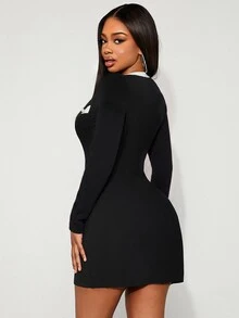 SHEIN SXY فستان نسائي محبوك كاجوال يومي بتصميم ألوان متباينة - أبيض وأسود - مشاهدة 2