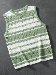 Manfinity Hypemode Plus Size Men's Striped Hollow Knit Vest - Green - View 5