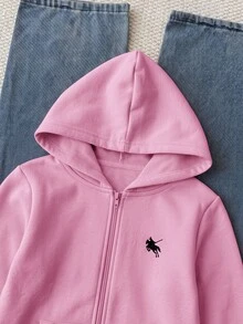 兒童青少年女孩休閒運動風灰色小馬刺繡裝飾連帽開襟衛衣，秋冬款 - 粉色 - 查看 4