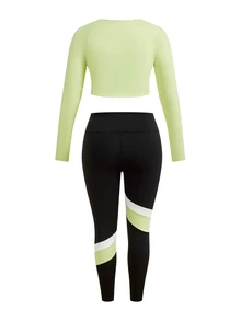 SHEIN Cheerettes 女款大尺碼純色長袖上衣與內搭褲休閒日常運動套裝 - 彩色 - 查看 2