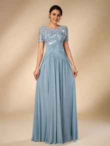 Serin Elegant Romantic Round Neck Luxury Embroidered Contrast Mesh Sheer 3/4 Sleeve Pearl & Rhinestone Inlaid Waist Pleated Decor A-Line Formal Dress For Wedding Party Celebration Bride Mother Of The Bride - Dusty Blue - View 5