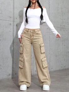 SHEIN 青少年女孩休閒百搭日常穿著工裝牛仔褲，附口袋與鈕扣設計 - 杏色 - 查看 4