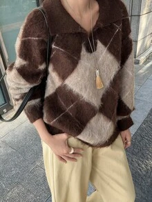DAZY Sweater Kasual Pullover Kotak-kotak Wanita - Coklat - View 1