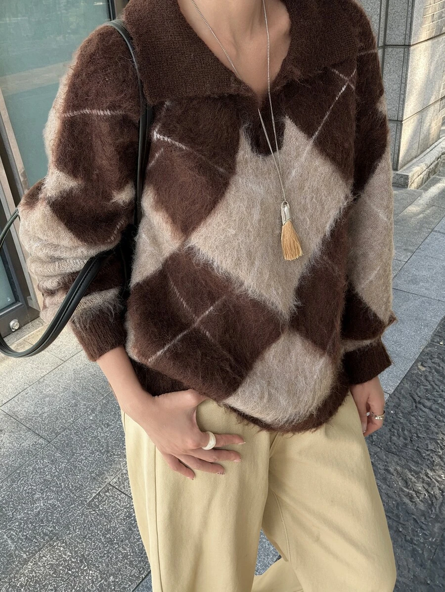 DAZY Sweater Kasual Pullover Kotak-kotak Wanita - Coklat - View 1