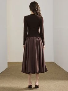 Heiryn Women's Solid Color Round Neck Long Sleeve Elegant Tulip Hem Mid-Length Dress - Brown - View 3