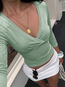 Aloruh 初秋深V領修身中袖藍綠色女款T恤 - 橄欖綠 - 查看 4