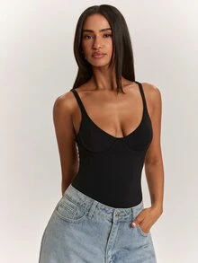 SHEIN BAE 女款純色休閒細肩帶背心 - 黑色 - 查看 5