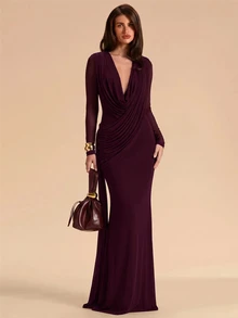 SHEIN BAE Women's Solid Color V-Neck Pleated Casual Party Dress - Maroon - View 4