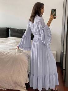 Livesso 2件組女款長版開襟外套與連身睡裙套裝，荷葉邊飾邊，春夏睡衣套裝 - 淺藍色 - 查看 2