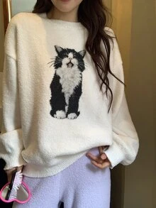 DAZY Cute Cat Pattern Autumn/Winter Knitted 2-Piece Women's Pajama Set - Apricot - View 8