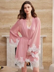 Moireta Women's Sweet Lace Patchwork Dress With Long Sleeve Cardigan Pajama Set - Dusty Pink - View 4
