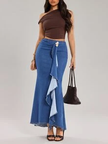 Rivivi Women's Patchwork Ruffle Fashion Mermaid Denim Skirt - Blue - View 6