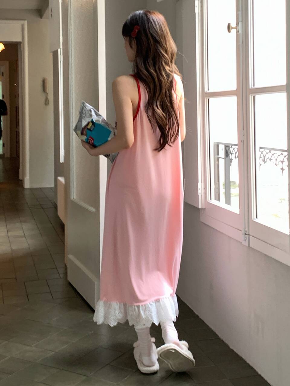 Women's Loose Lace Patchwork English Graphic Camisole Dress Nightgown