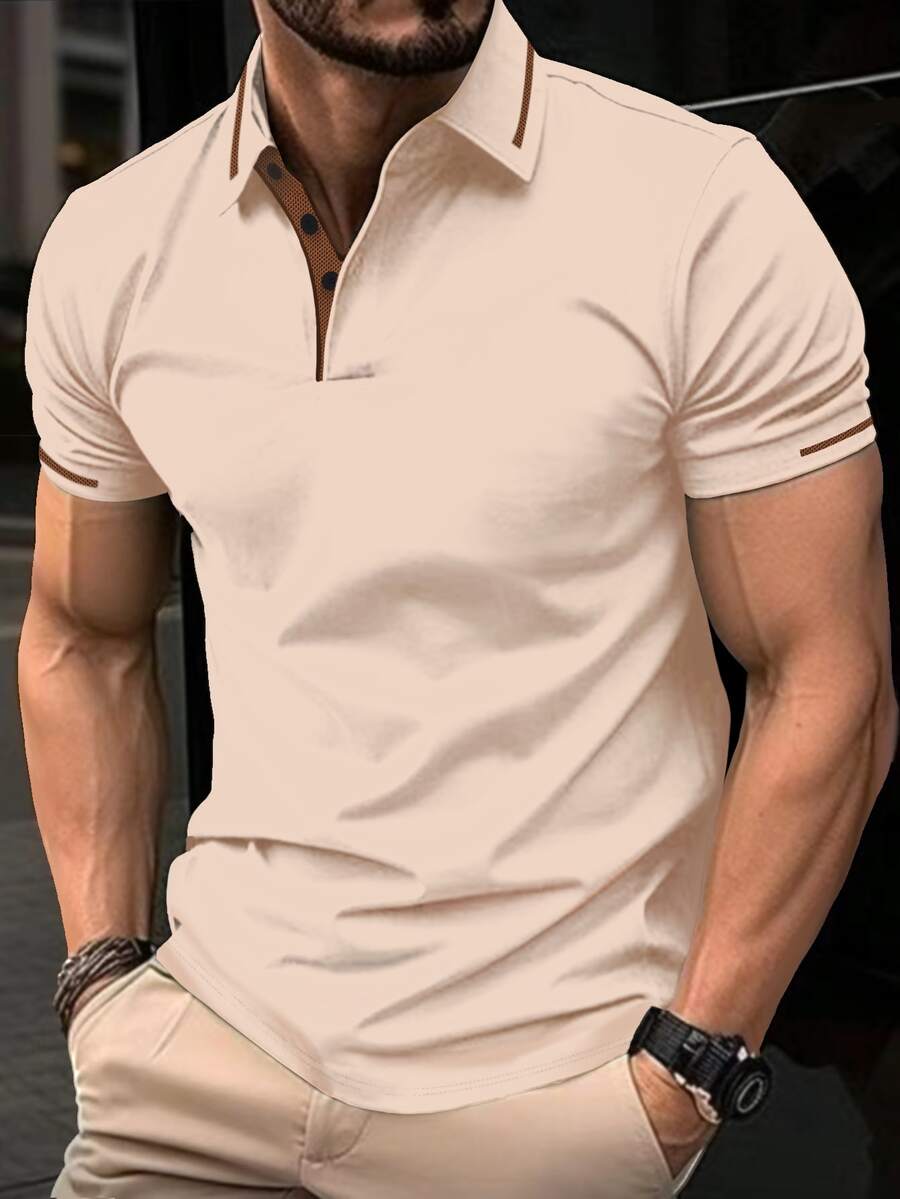 Manfinity Homme 男士半開襟鈕扣條紋撞色短袖 Polo 衫 - 杏色 - 查看 1