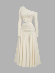Sweetra Spring/Autumn Sexy Asymmetrical Shoulder Cut-Out Ruched Knit Long Sleeve Dress, Design With Waist Drawstring, Versatile For Vacation, Travel, Dating, Store Visiting, Daily Commute - Apricot - View 1